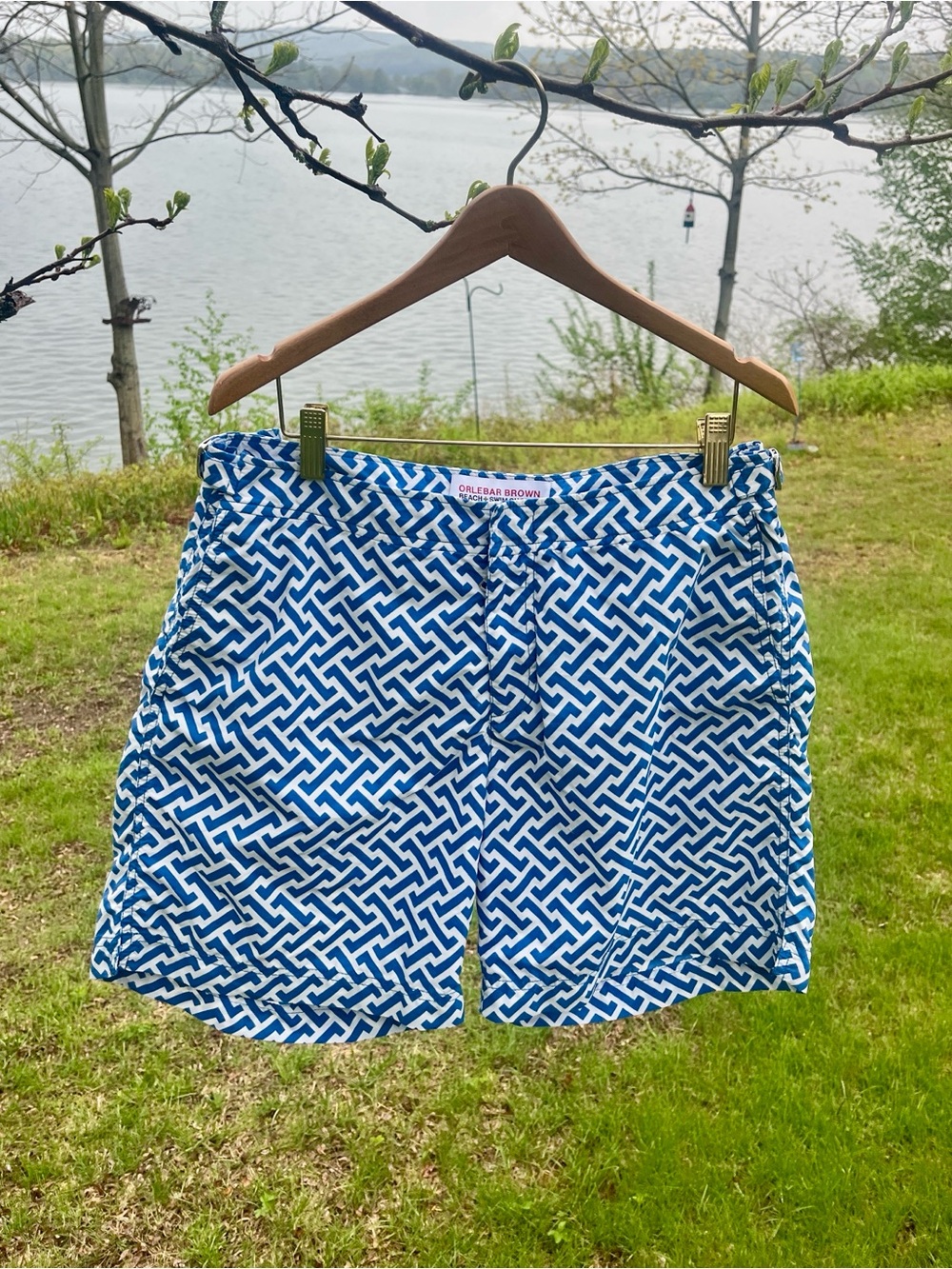 Orlebar Brown Bulldog Swim Shorts Blue White Size 34 Luxury Tailored